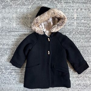 Zara Kids Black Pea Coat with Faux Fur Hood